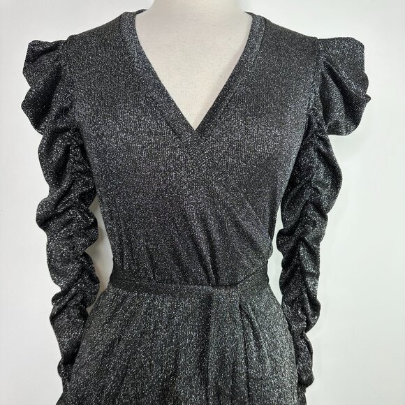 Walter Baker Marwin True Wrap Top Black Silver Sparkle Size Small Ruched Sleeve - Picture 2 of 13